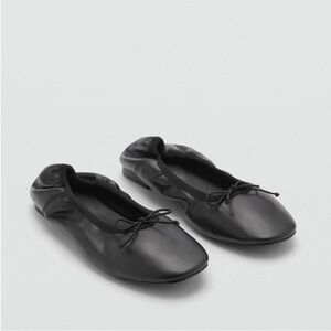Mango Black Leather Ballet Flats with Elasticized Heel and Bow